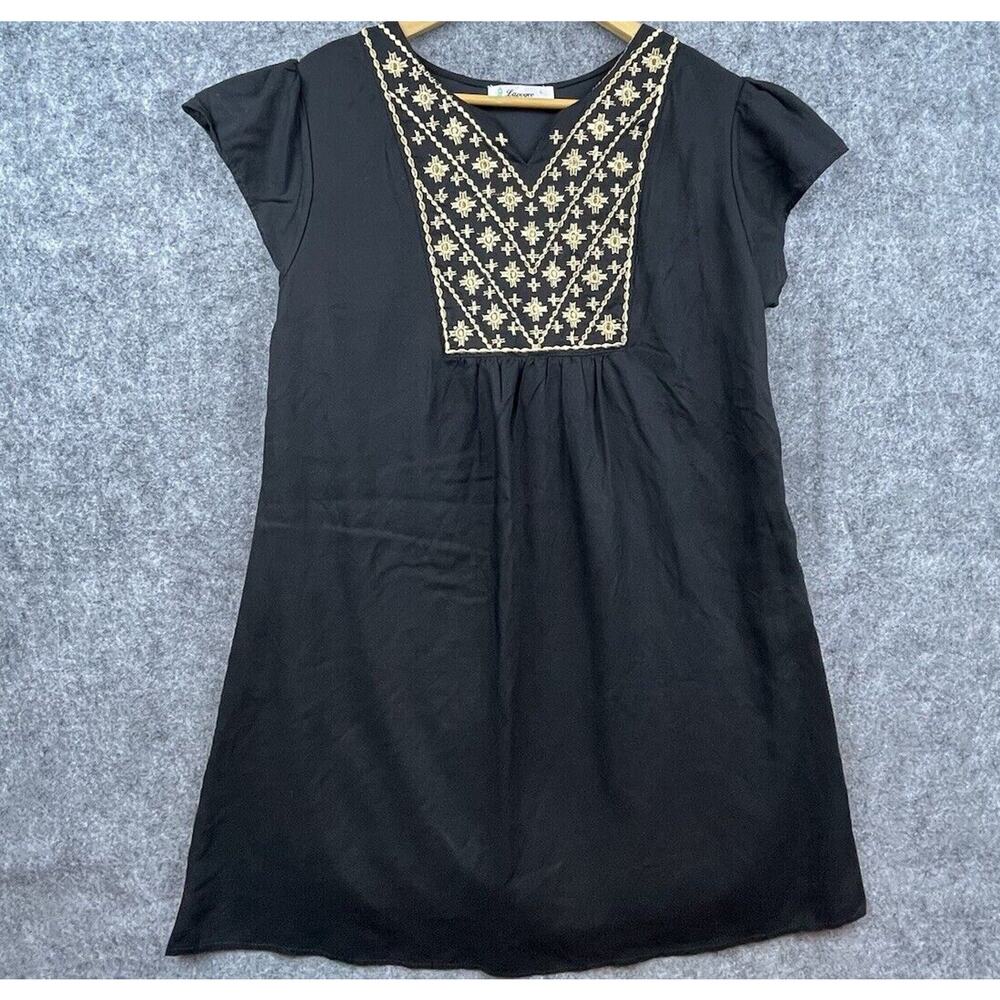 Lapogee Tunic Womens Large Black Gold Embroidered Flowy India Boho Minimalist